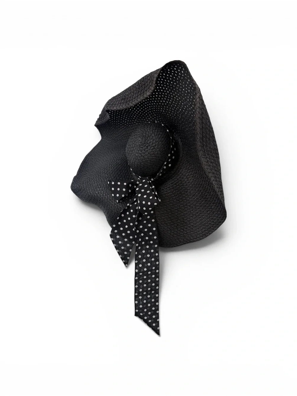 Black Wide-Brim Straw Hat with Polka Dot Bow